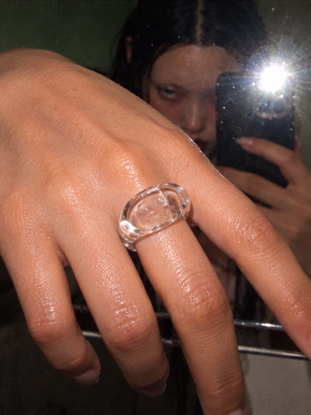 Chunky Signet Glass Ring 0108 in hand-sculpted borosilicate glass, view 3, Rain and Rivers