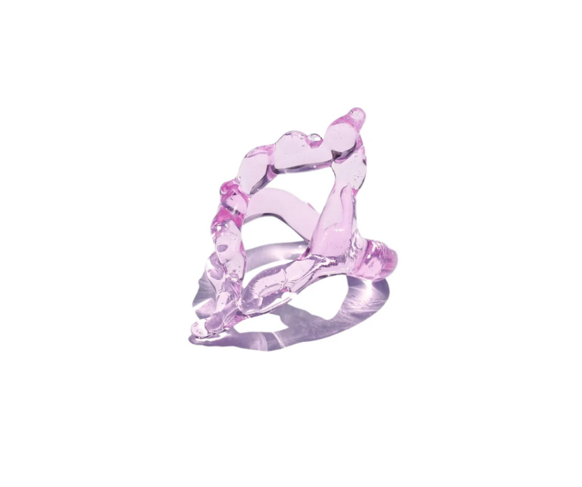 Rombo Sculptural Glass Ring 0111 in baby pink hand-sculpted borosilicate glass, open rhombus form, Rain and Rivers