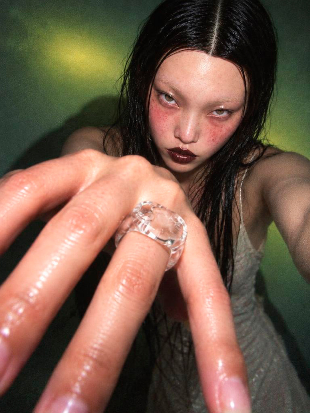 Chunky Signet Glass Ring 0108 in hand-sculpted borosilicate glass, view 2, Rain and Rivers