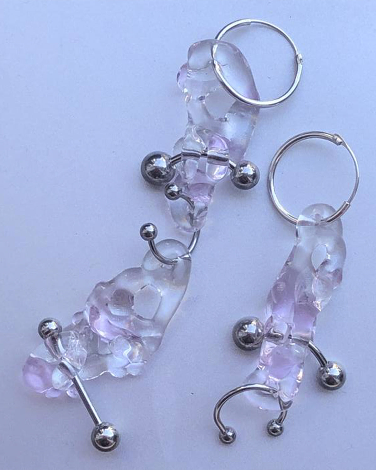 Glass Earrings 0023, pale pink glass drops pierced with stainless steel bars, detail, Rain and Rivers