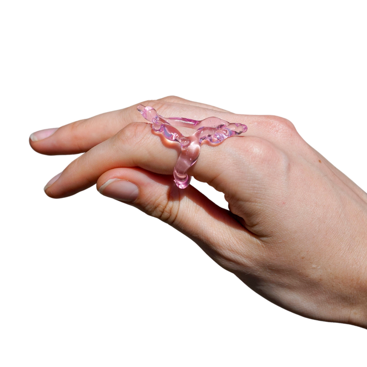 Rombo Sculptural Glass Ring 0111 in baby pink hand-sculpted borosilicate glass, detail, Rain and Rivers