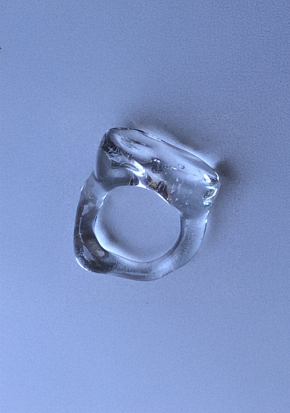 Chunky Signet Glass Ring 0108 in clear hand-sculpted borosilicate glass, detail, Rain and Rivers