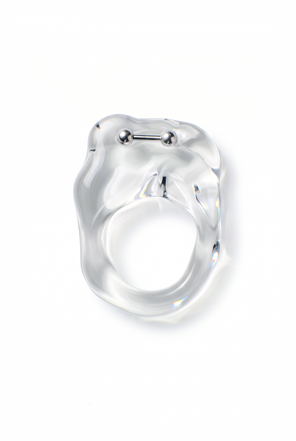 Rain and Rivers Brutalist Pierced Glass Ring 0117 – chunky hand-sculpted clear borosilicate glass ring with stainless steel barbell piercing, handmade in Barcelona, product photo on white