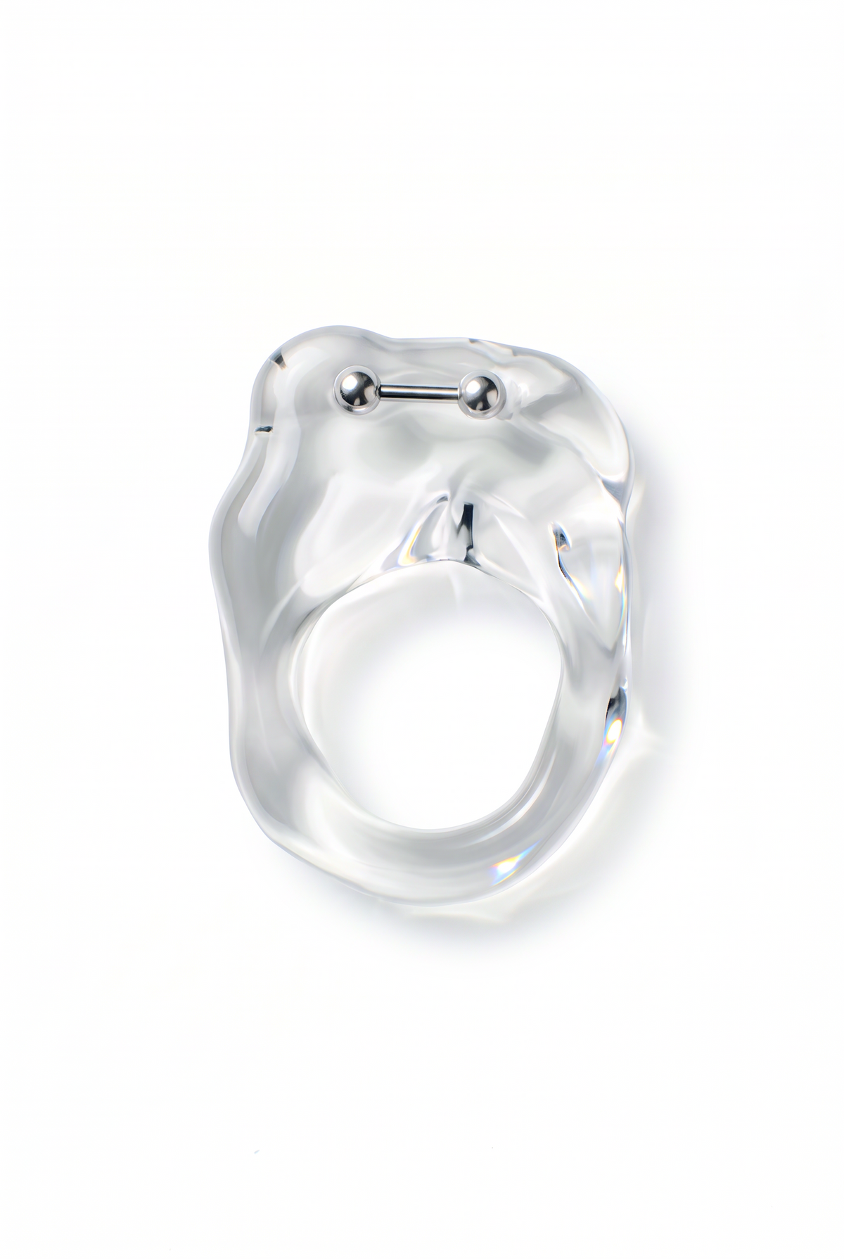 Rain and Rivers Brutalist Pierced Glass Ring 0117 – chunky hand-sculpted clear borosilicate glass ring with stainless steel barbell piercing, handmade in Barcelona, product photo on white