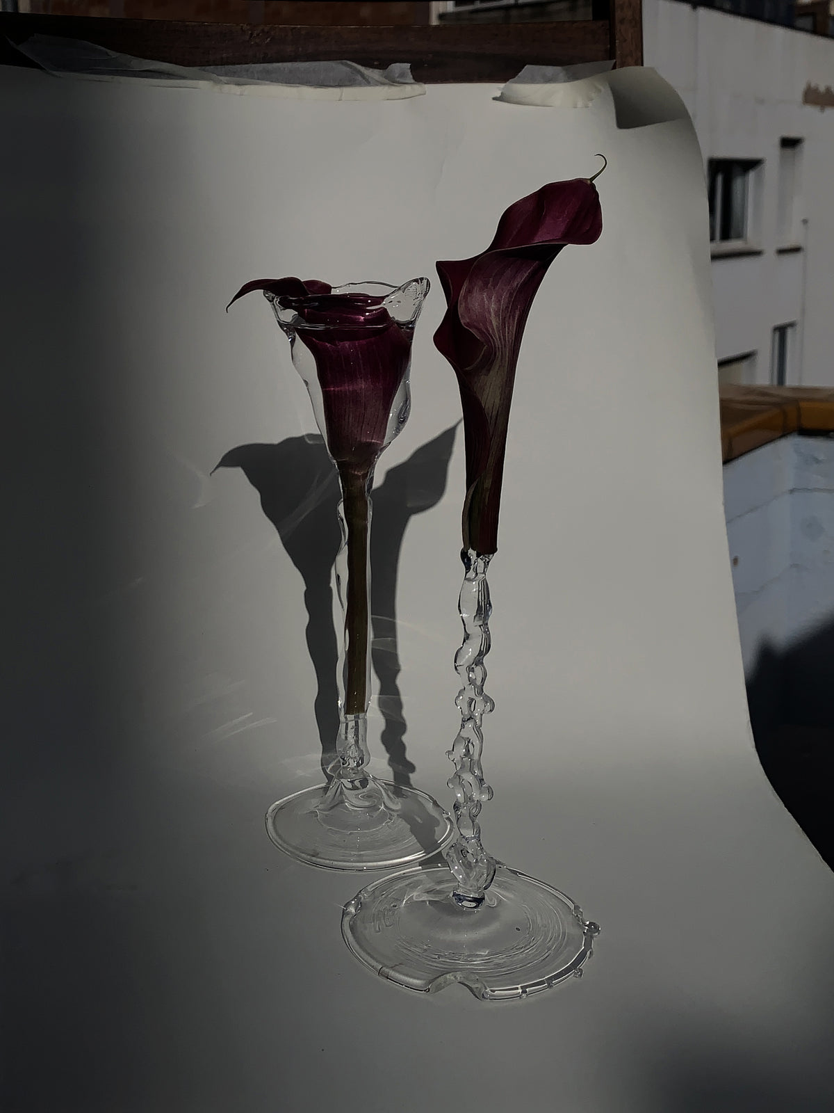 Glasses 0004, pair of stemmed glasses in clear hand-sculpted borosilicate glass holding calla lilies, Rain and Rivers