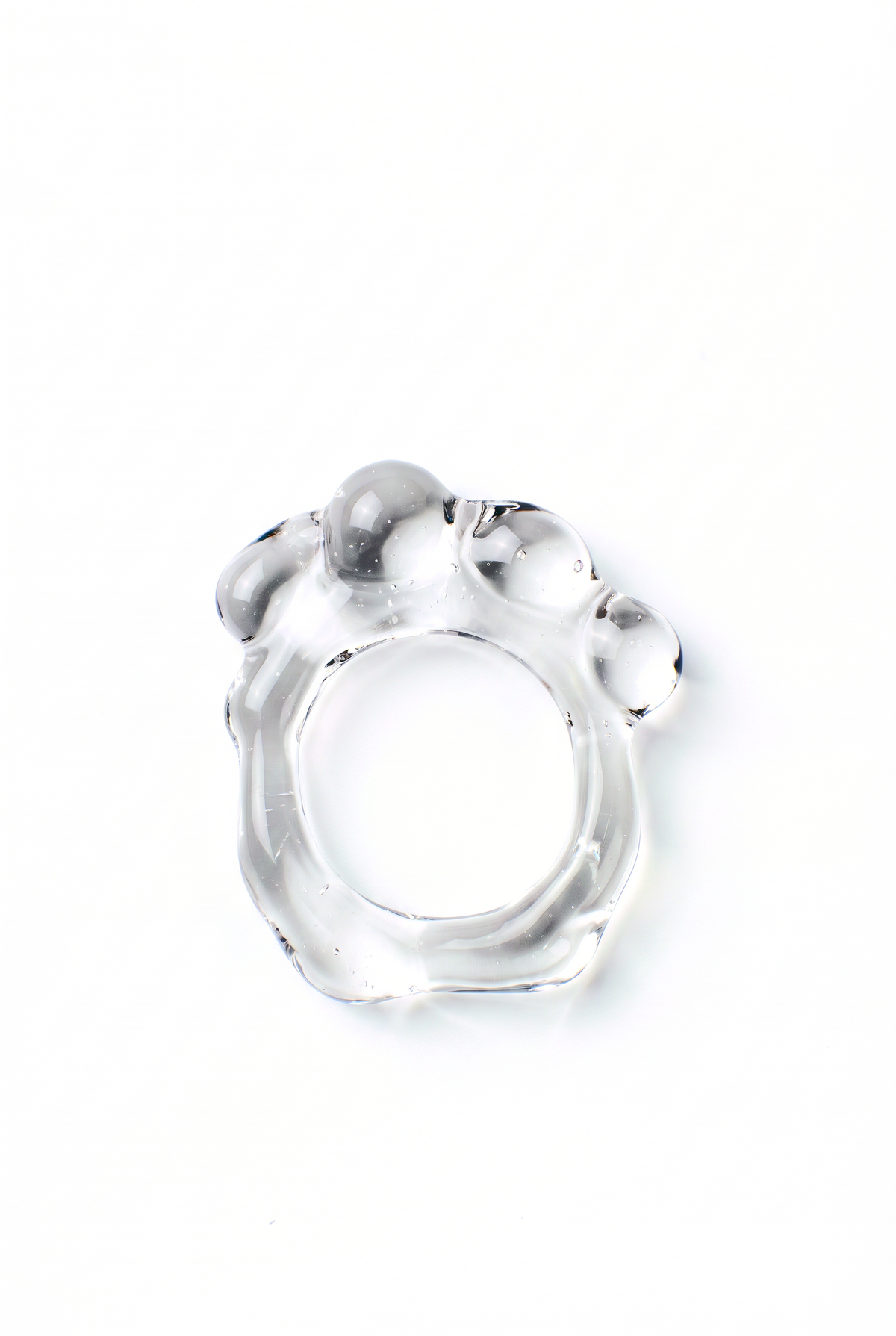 Rain and Rivers Soft Organic Glass Ring 0105 – hand-sculpted clear borosilicate glass ring with soft organic shape, handmade in Barcelona, product photo on white