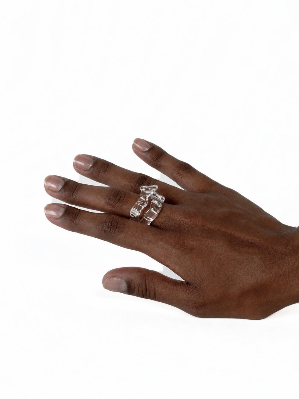Textured Stacking Glass Rings 0124 in clear hand-sculpted borosilicate glass, worn on the hand, Rain and Rivers